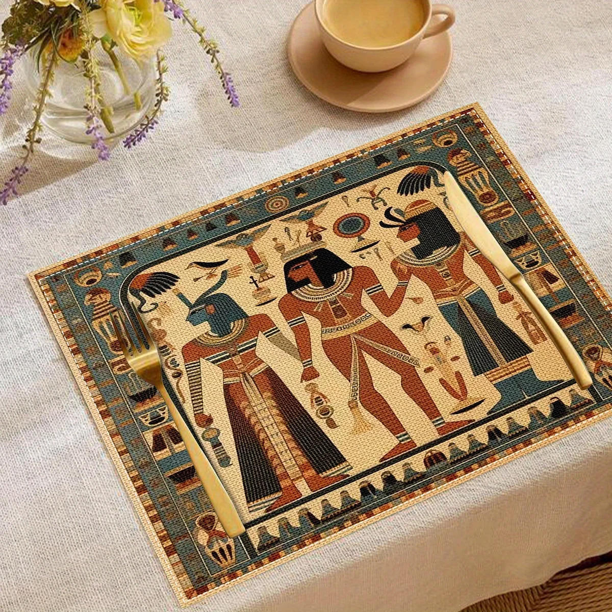 Egyptian Themed Placemats 4pcs Set, Woven Linen 100% Durable Square Mats, Exotic Decorative Heat-Resistant Table Pad for Dining