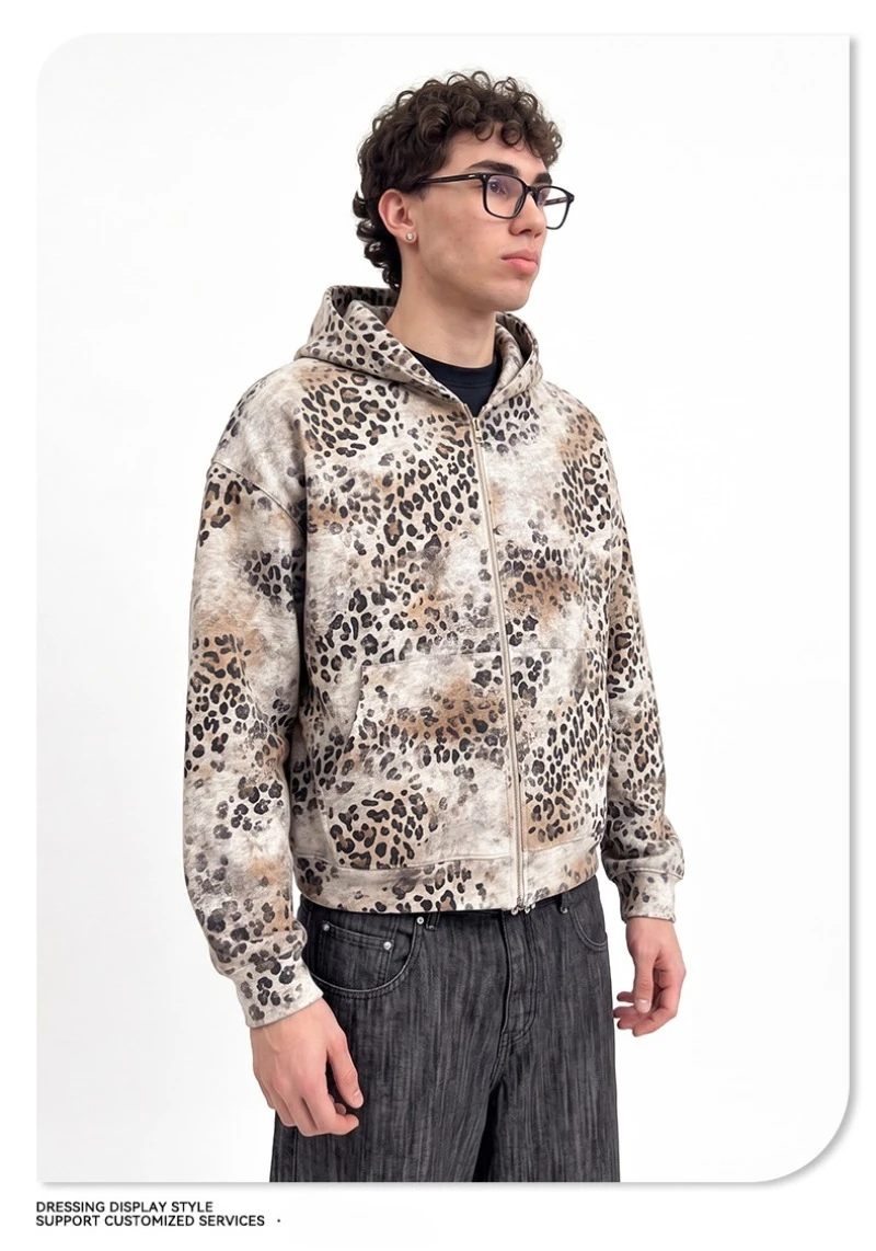 2026 Autumn New American Leopard Print Zip Up Hoodie for Men Y2K Retro Hip-hop High Street Men's Hooded Jacket Streetwear