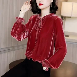 Casual Temperament Golden Velvet Long Sleeved Shirt for Women's Spring Autumn New Popular French Retro Korean Trendy Loose Top