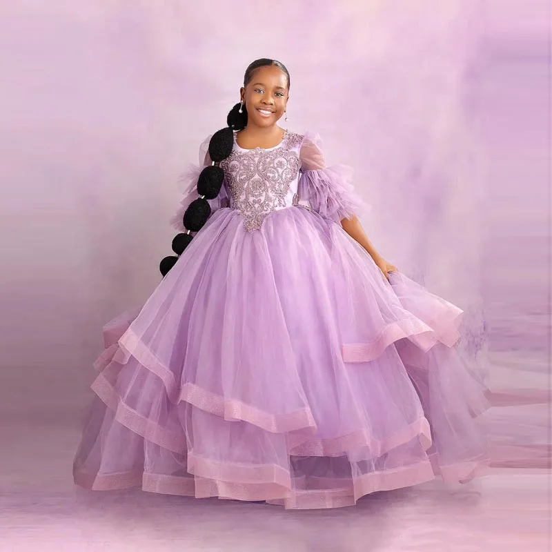 

Pretty Lavender Lace Appliques Tulle Dress Girls Puffy A-line Draped Ruffled Long Kids Dress Lace Up Back Birthday Party Dress