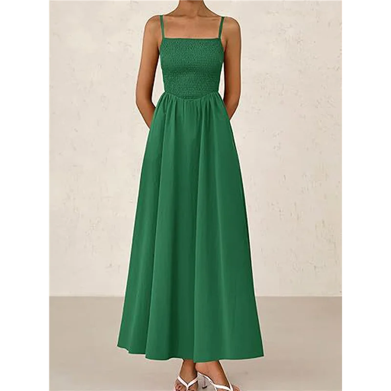【SEE】 Abiti lunghi estivi da donna Vestito estivo da spiaggia Casual con cinturino per spaghetti Smocked Swing A Line Abito lungo e fluido