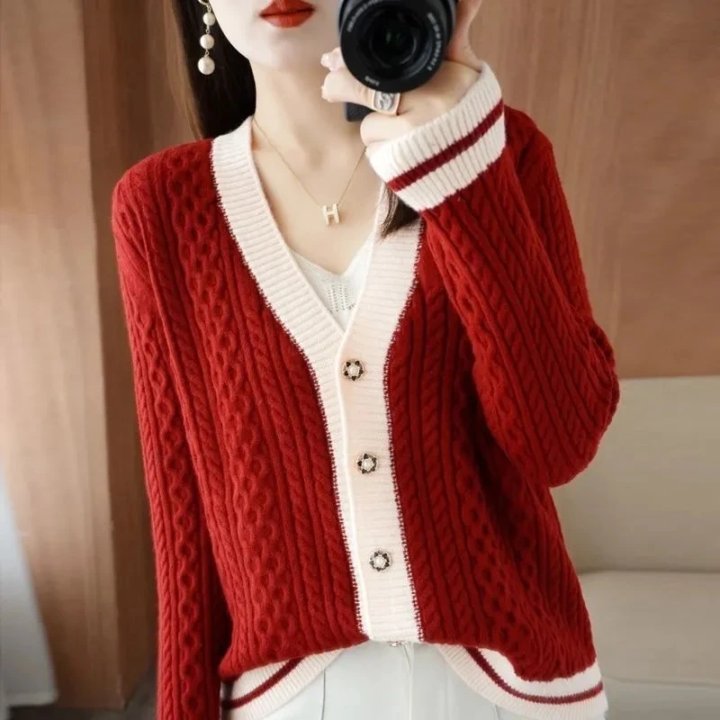 

South Korean Version Soft Waxy Vintage Twist Sweater Coat Women's Autumn And Winter New Lazy Wind Contrast Color Knit Cardigan