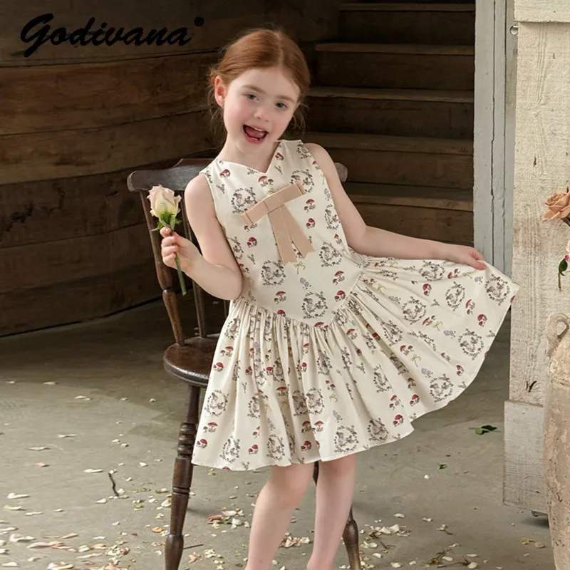 

Sweet Baby Girls 2026 Summer New Sleeveless Floral Dress Childrens Pastorale Cute Print Bow High Waist Breathable Soft Sundress