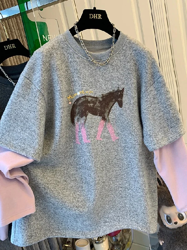 

plus Size Women's Fleece Lined T-Shirt Sweatshirt Loose Base Layer Top Color Block Print Casual Style Autumn Winter Wear