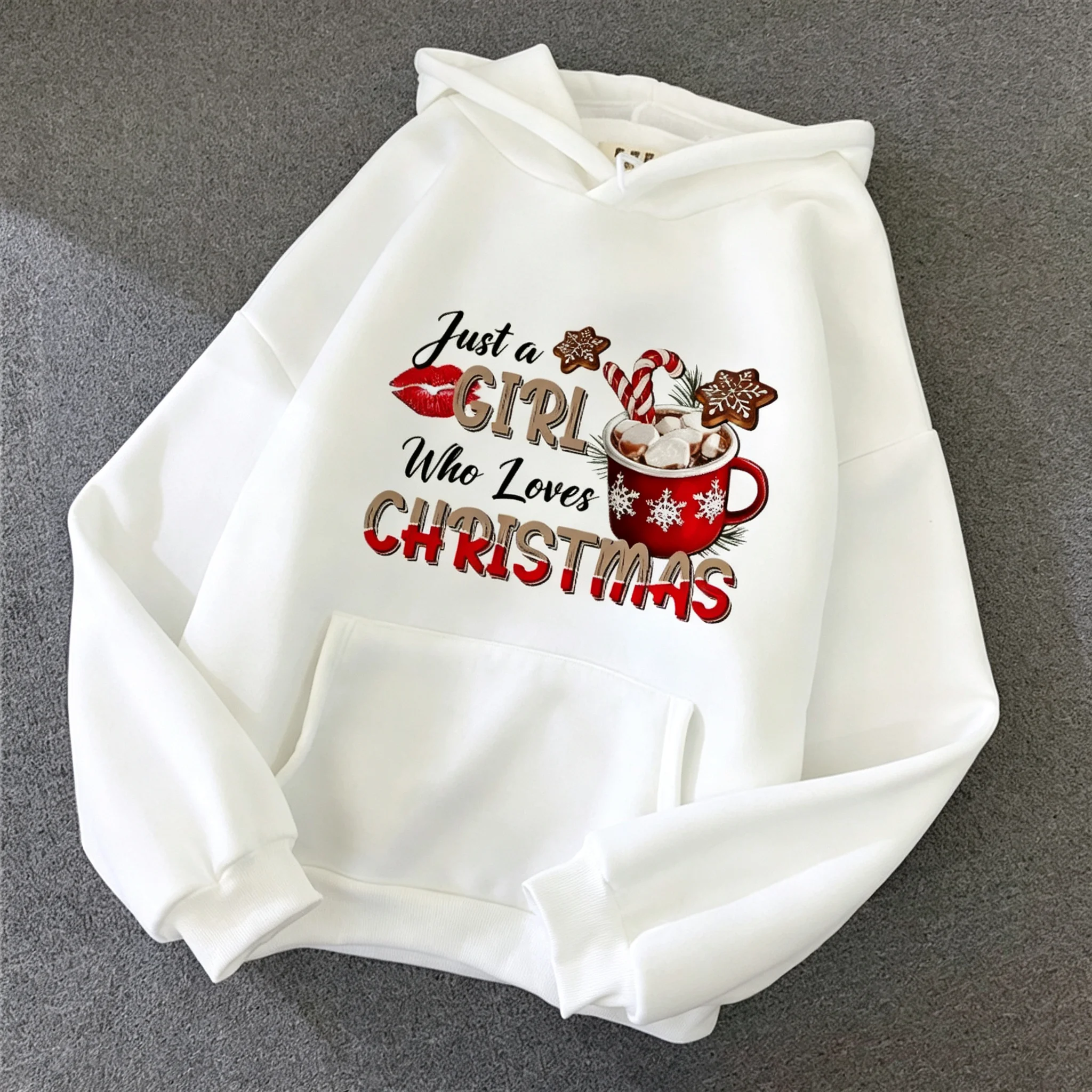 Just A Who Loves Christmas Graphic Hoodies Cozy Holiday Design with Hot Beverage and Snowflakes Sweatshirts Unisex Hoody Clothes