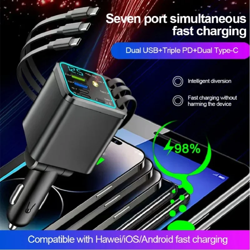 120W Autoladegerät mit Dach-Sternenhimmel-Design, schnellem Laden, einziehbarem Kabel und 2 Ladeanschlüssen, Spannungs-Handy-Ladegerät für iOS und Android