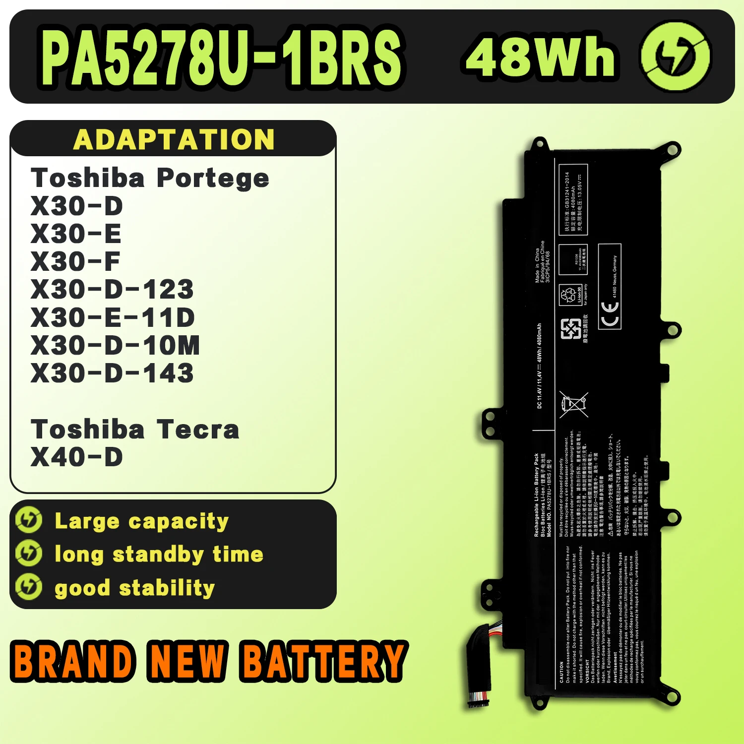 SAT PA5278U-1BRS New Laptop Batteries Replacement For Toshiba Portege X30/D/E/F Tecra X40/D/E/F Dynabook X40-G 11.4V48Wh-4050mAh