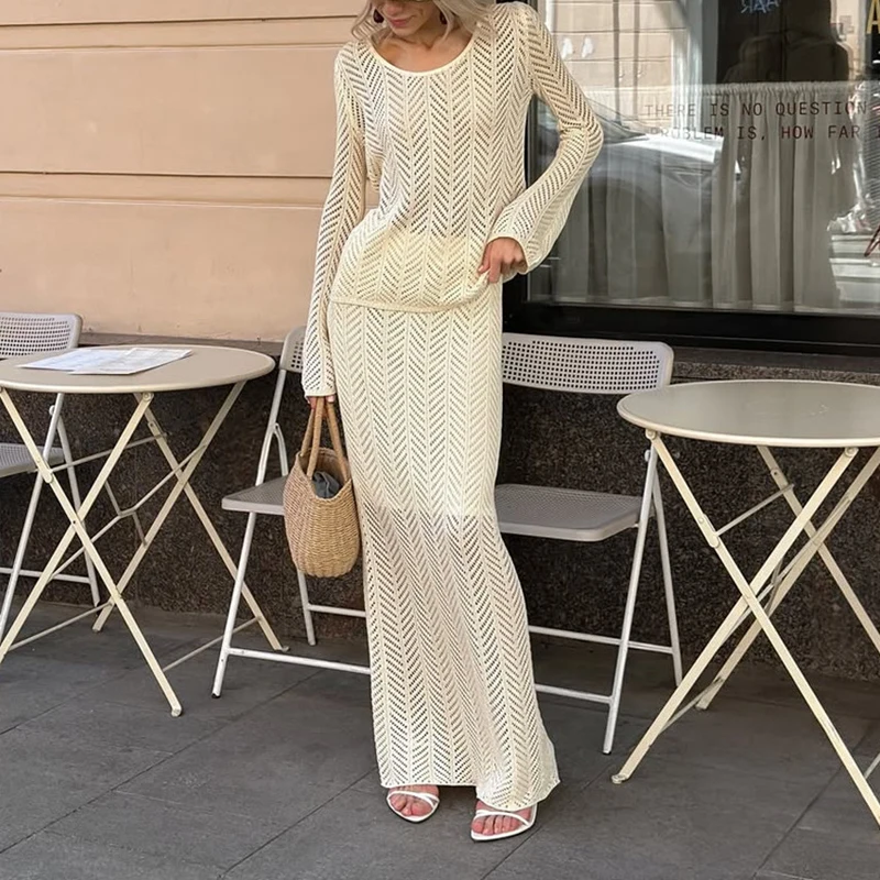 

Elegant Crochet Hollow Skirt Outfits Women Casual Long Sleeve Knitt Long Skirt Suit Fashion O-neck Pullover & Long Skirt 2Pc Set