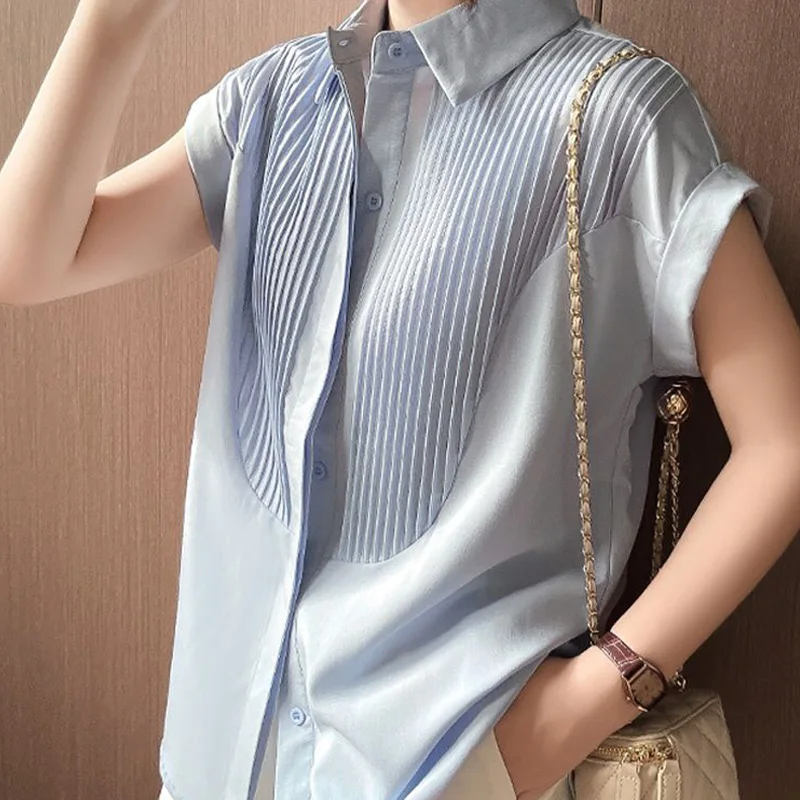 Summer Loose Casual Original Design Fashion Youthful Wind Short Sleeve Shirt High-end Elegant Fold Popular Lady Chiffon Shirt