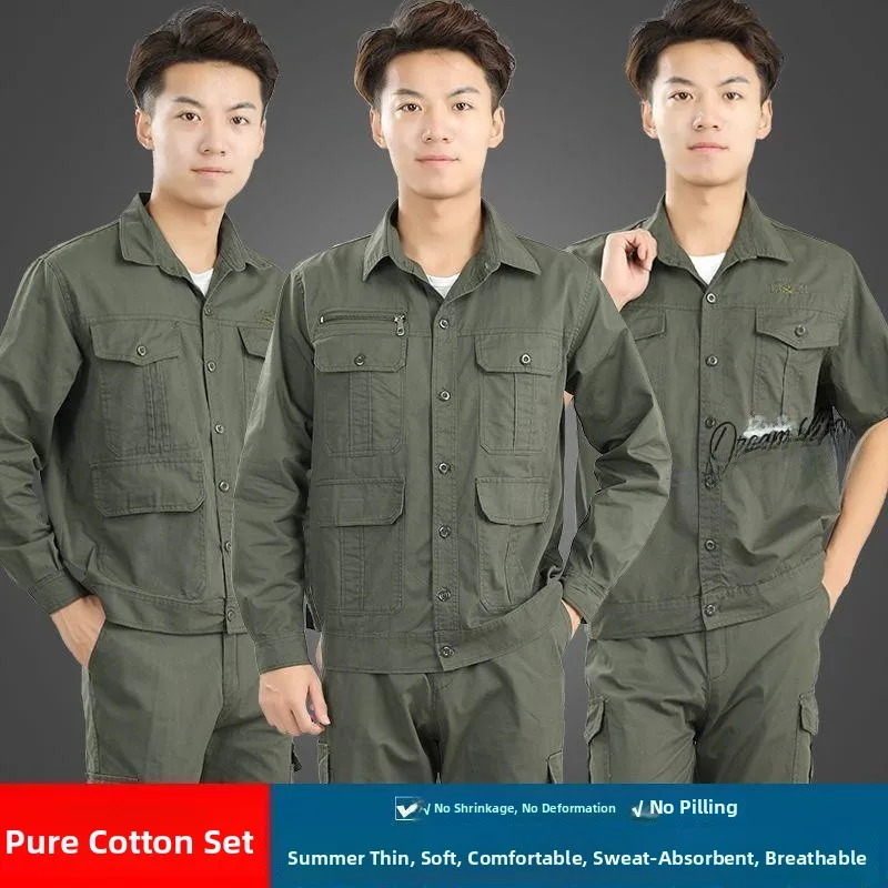 

Легкий рабочий костюм из чистого хлопка для мужчин и женщин, с длинными рукавами, для сварки, с защитой от ожогов, летняя коллекция