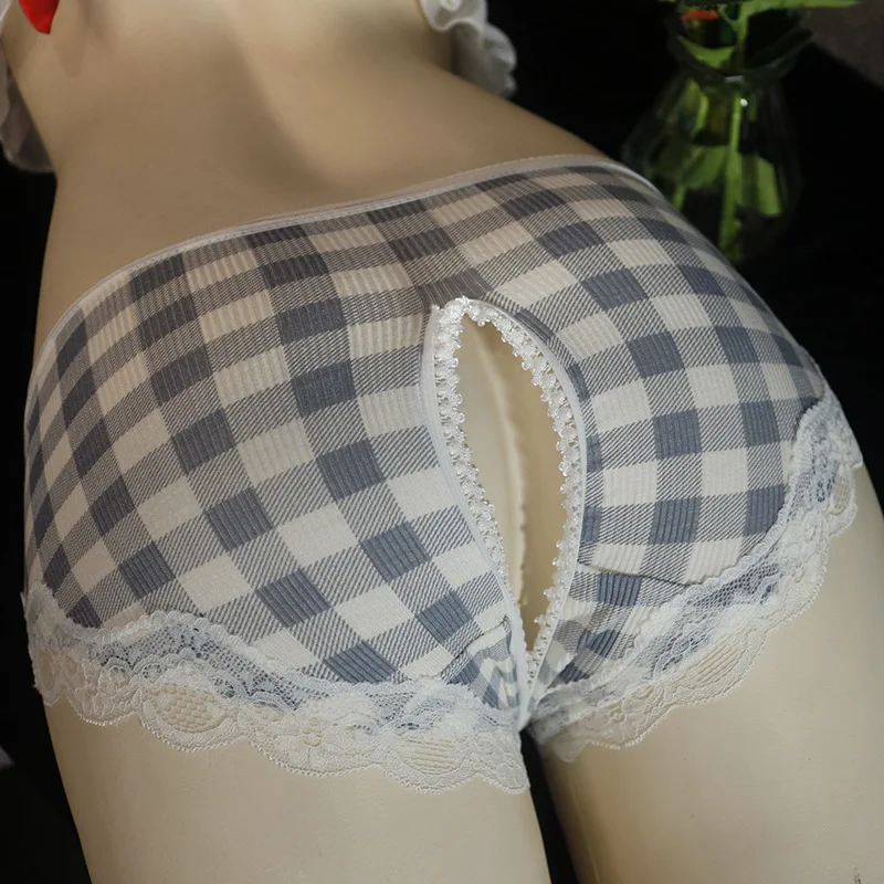 Sexy Unisex Open Crotch Briefs Man Woman Erotic Plaid Lace Underwear Breathable Cute Bow Decor Gay Sissy Use Crotchless Clothing