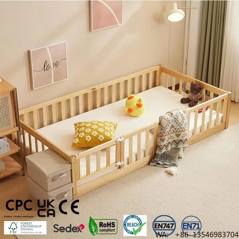 

Full Floor Bed Frame for Kids Toddlers, Wood Montessori Low Floor Full Size Bed Frame with Fence Guardrail and Door
