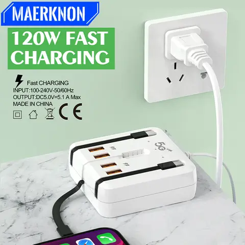 다기능 전원 스트립 120W USB 유형 C 충전기 빠른 충전 4 포트 iPhone 용 데스크탑 충전기 어댑터 Xiaomi Samsung Huawei