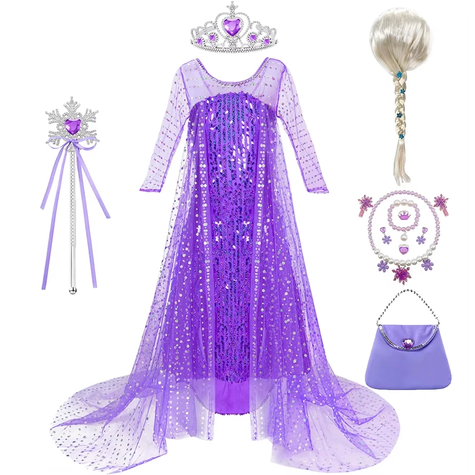 Пурпурное платье Эльзы для девочек на Хэллоуин, длинное до пола, с пайетками, костюм принцессы, детское карнавальное платье с длинными рукавами, роскошное фатиновое платье