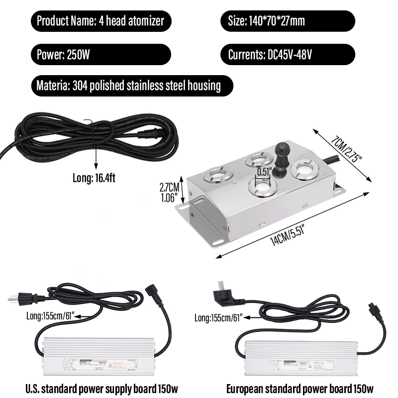 

Увлажнитель воздуха DC45V с 4 головками, генератор тумана, 150 Вт, водонепроницаемый блок питания для гидропоники, разведения растений, теплиц