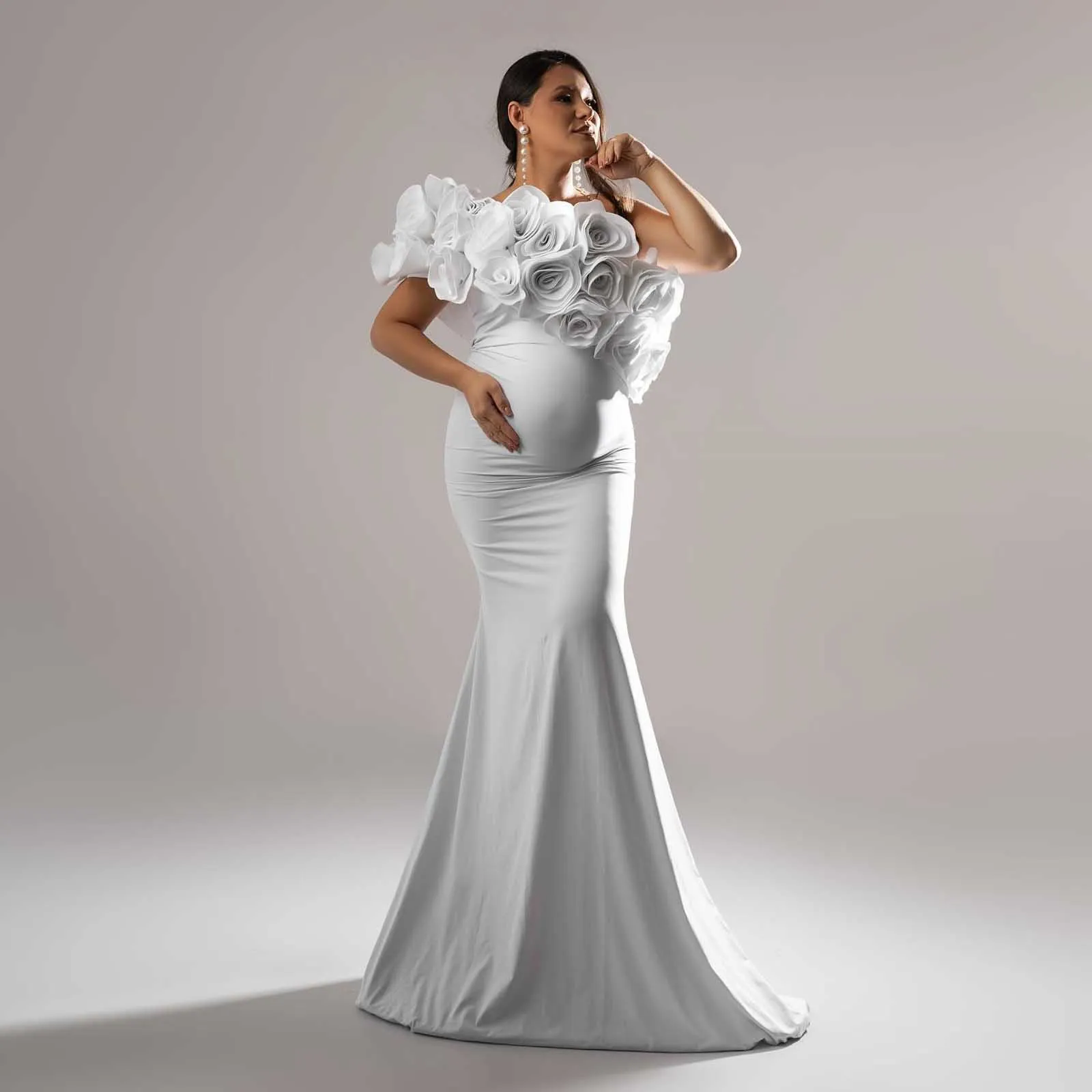 Precioso vestido de maternidad con flores rosas, sesión de fotos, vestidos de maternidad de sirena con un hombro, vestido de fotografía de embarazo Floral a mano