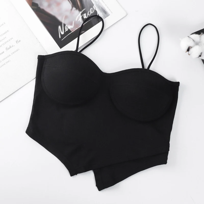 Women's 2in1 Solid Slim Spaghetti Strap Camisole With Built In Bra Girly Cotton Casual Inner Outer Wearable Bottoming Crooped To