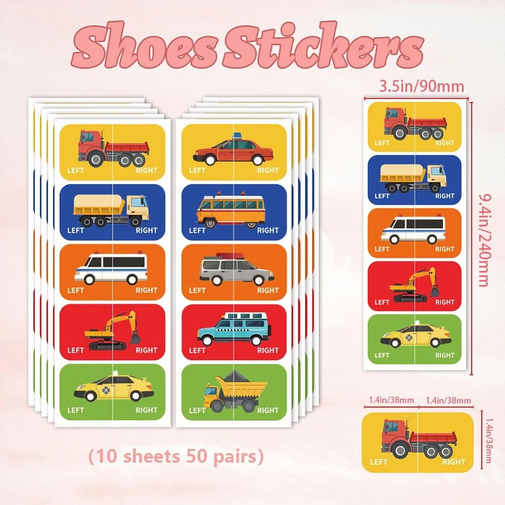 Shoes Stickers for Shoes Learning Left Right Cars Patterns 100pcs Self-Adhesive Shoes Stickers Labels Decals to Help