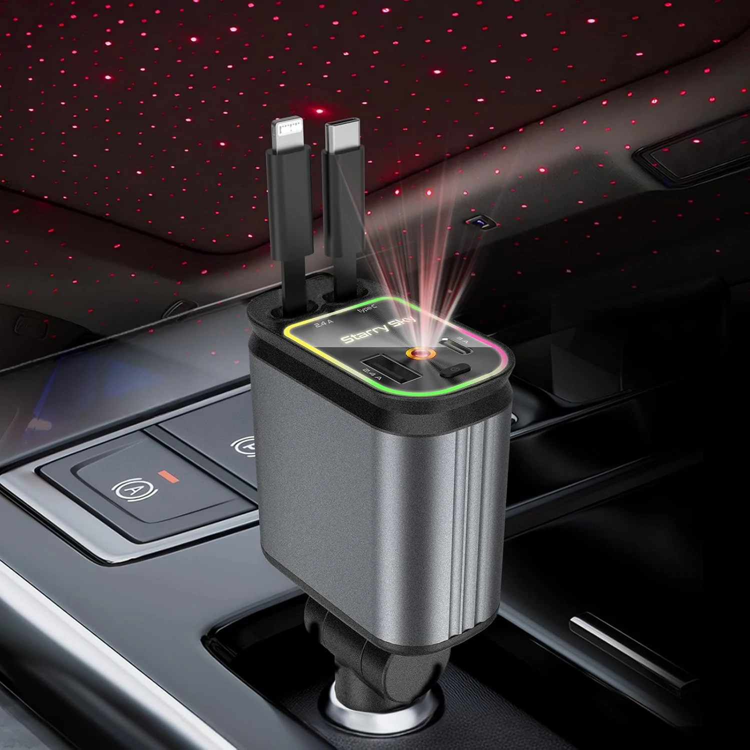 

Starlight Retractable Car USB Charger w/ Retractable Cables,4 in 1 Super Fast Car Phone Charger,2 USB Ports Car Charger Adapter