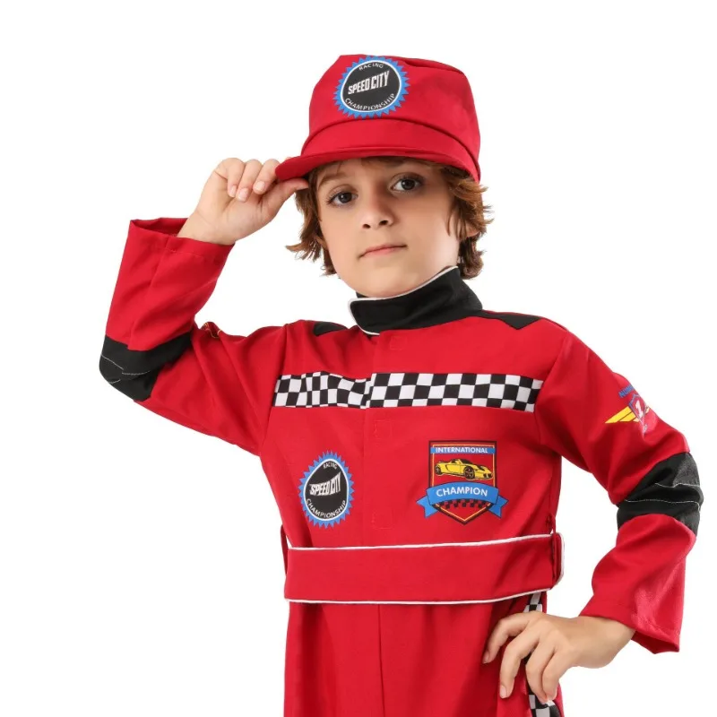 Disfraz de corredor rojo para niño, disfraz de Halloween, juego de rol, conductor de carreras, uniforme de entrenamiento de una pieza, tela para disfraz de personaje de corredor infantil