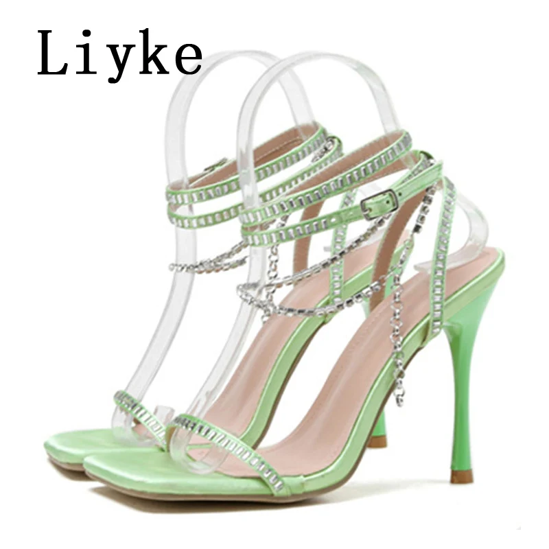 Liyke Runway Style Crystal Chain Sandals Women Fashion Square Toe Ankle Strap Green High Heels Party Wedding Stripper Shoes Lady