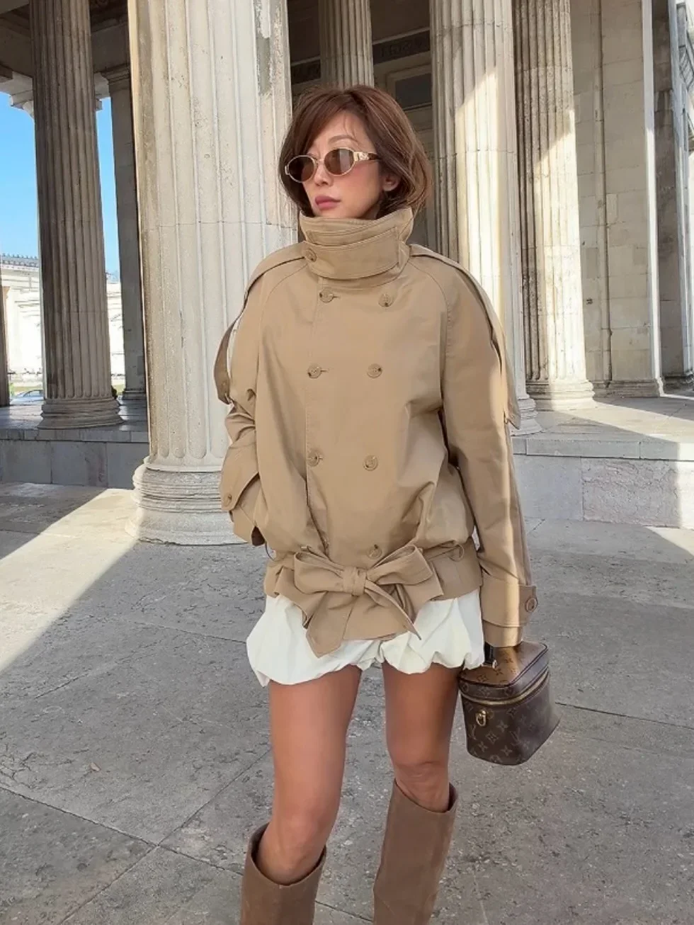 Women Stand Collar Double Breasted Trench Jacket Self Tie Waist Strap Shoulder Cuff Button Commute Casual  Spring Autumn  Coat