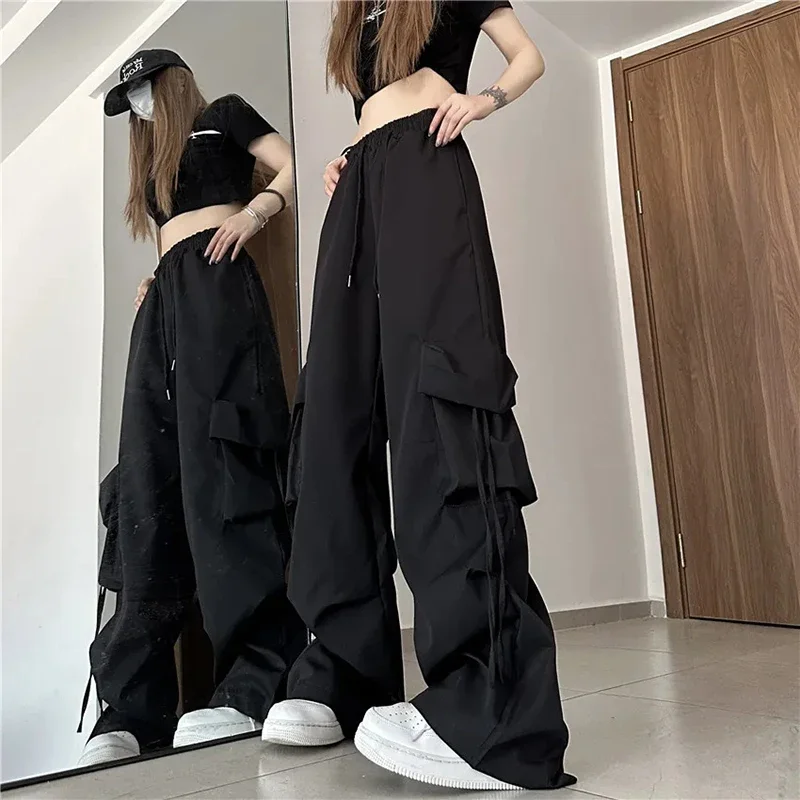 Pantalon Cargo Hip Hop pour femmes, Jazz noir, grandes poches, Streetwear, taille haute, couleur unie, mode Harajuku Y2K, jambes larges