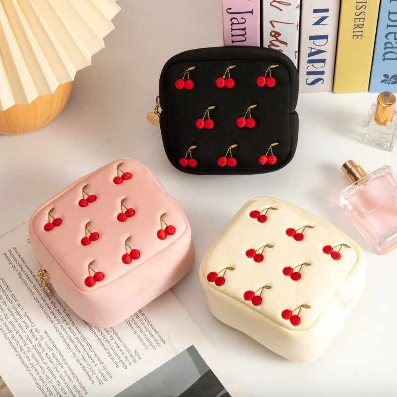 Mini Portable Lipstick Makeup Bag Cute Cherry Coin Purse for Jewelry Sanitary Napkin Holder Case Small Travel Storage Pouch