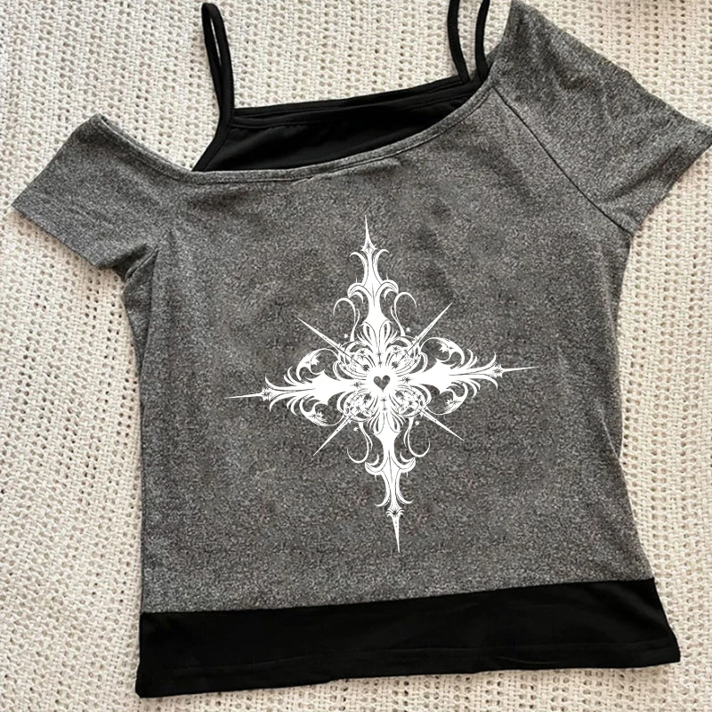 شيك Y2K جماليات ريترو الشارع الشهير المحملة Harajuku الشرير عادية سليم الاتجاه المحاصيل الأعلى القوطية الهيب هوب مثير قصيرة الأكمام المرأة تي شيرت