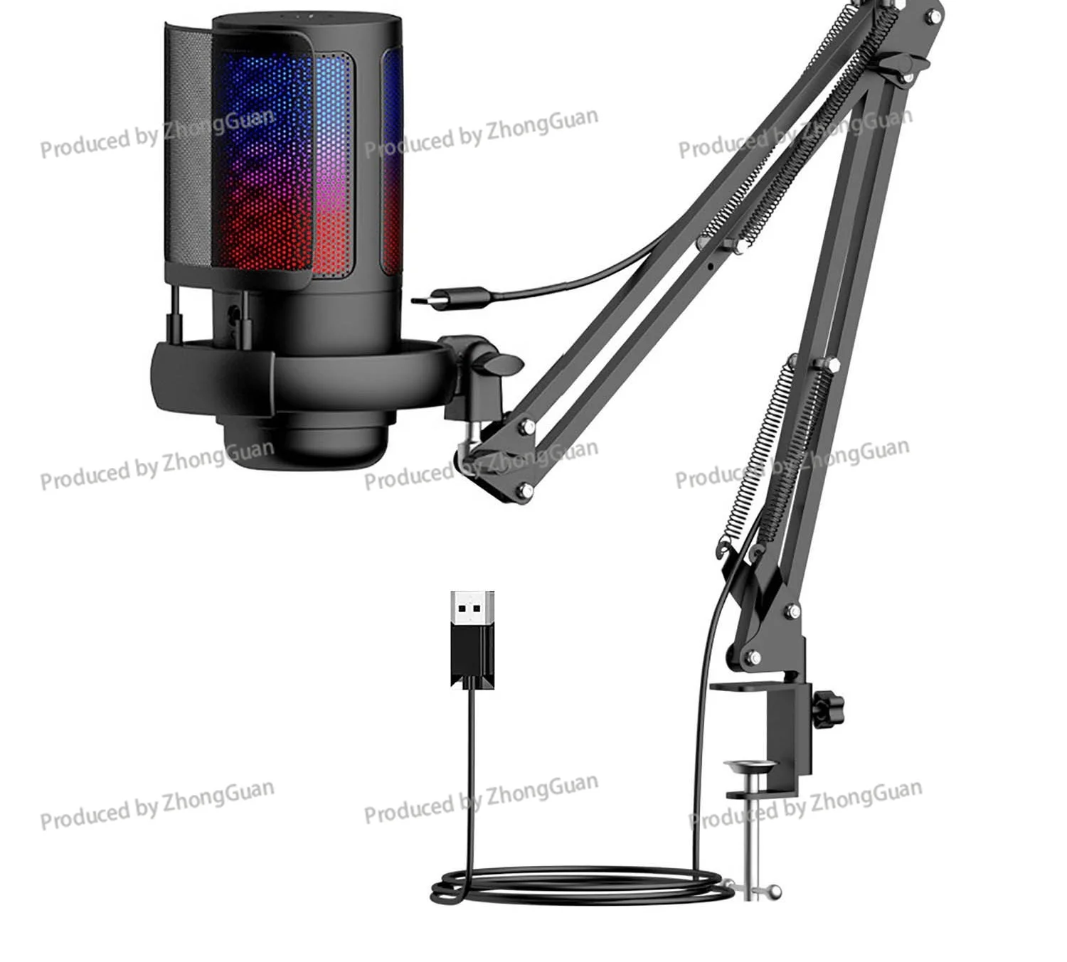 Gaming  Usb Computer Recording Microphone with Pop Filter Set Rgb Lighting Condenser Boom Microphone