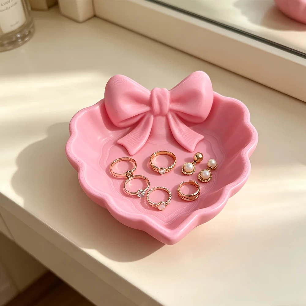 1 Piece Heart-Shaped Jewelry Storage Tray, with Bow Design, Pink Bow Style, Durable Plastic Material, Suitable for Storing Jewelry, Gemstones, Rings, Etc., Suitable for Dressing Tables, Desks, Nightstands, and Desktop Decorations, Jewelry Tray