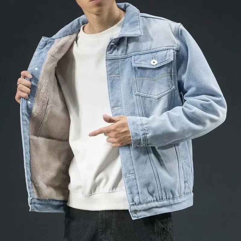 Herren Fleece-Gefütterte Jeansjacke Winter Dicke Warme Sherpa-Jeansjacke Koreanischer Stil Lose Übergroße Arbeitskleidung Lässige Oberbekleidung für Männer – Detail 3