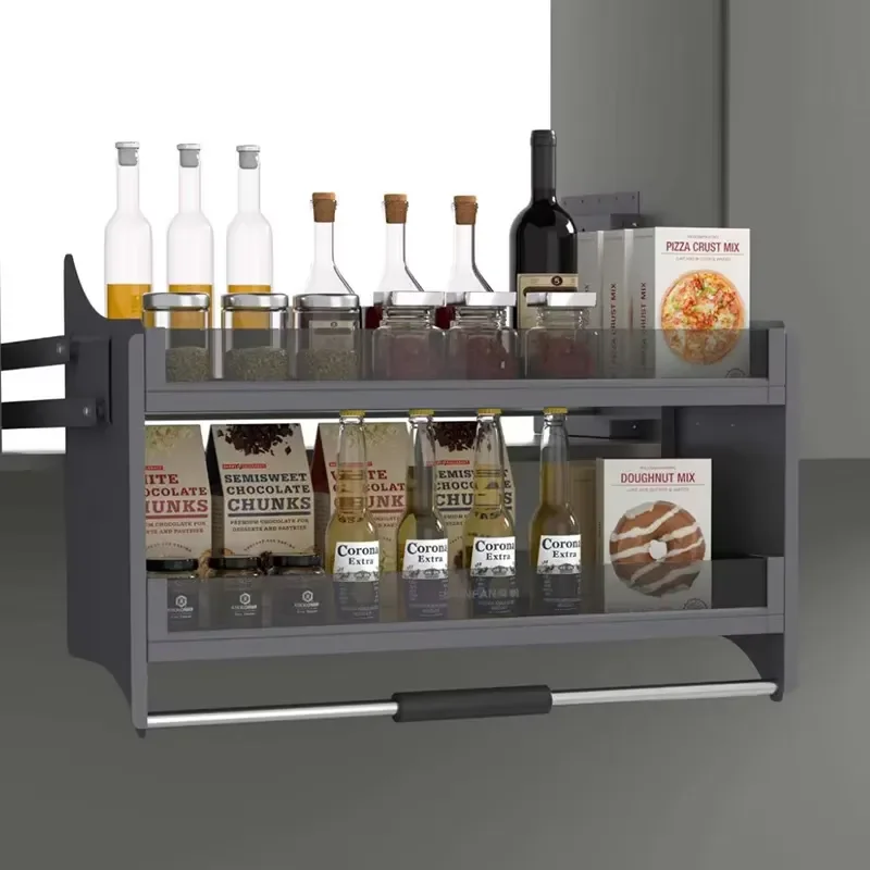 Aluminum Alloy Pull Down Spice Rack Modern Kitchen Cabinet Storage Lifter Basket Organizer for Hotel Home Cooking Space