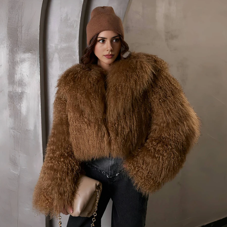 Women's Natural Sheep Fur Coat Short Mongolian Lamb Fur Jacket Luxury Winter Fluffy Sheepskin Jackets