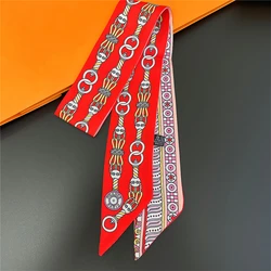 Marca de moda bandana pequena magro encadernação saco de seda pequeno cachecol feminino vários listrado impressão bolsa cetim fita de seda longa