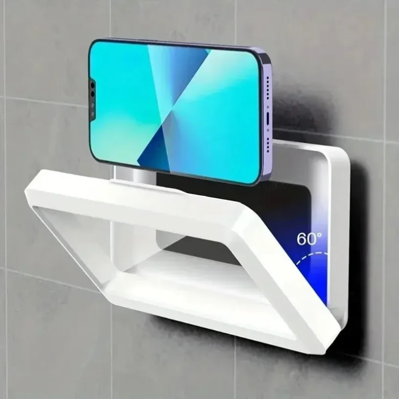 Suporte de parede à prova d'água e antiembaçante para celular com tela sensível ao toque, sem necessidade de furar, compatível com celulares de 4,7 a 7 polegadas, para banheiro, cozinha e lavabo.