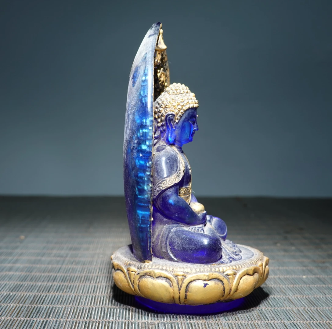 Ancient China Colored Glaze Blue Liuli Crystal Buddha Statue Feng Shui Home Decor Prayer Supplies Pray Kai Guang Ornaments view 5