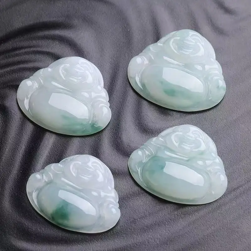 Natural Jadeite A-grade Pendant with Flower Pattern, Maitreya Buddha for Men and Women