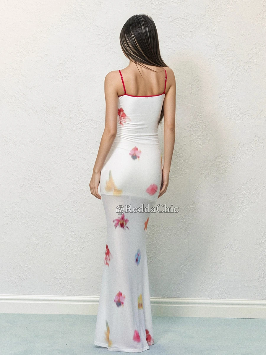 REDDACHiC Abito lungo maxi bianco floreale da donna Corsetto allacciato Maglia semitrasparente drappeggiato Abito a canotta elasticizzato sottile Abbigliamento da spiaggia per le vacanze