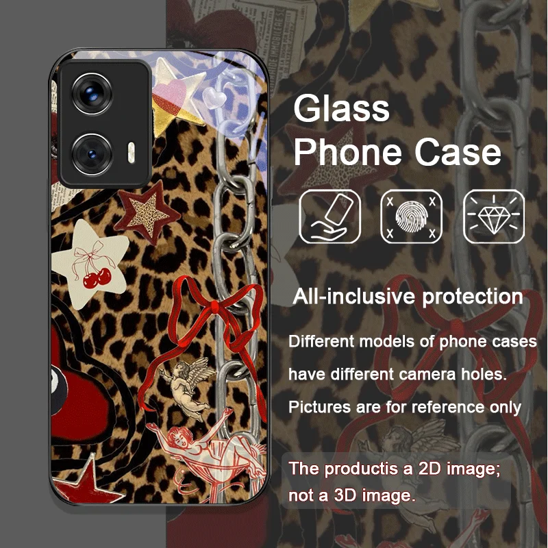 Strawberry Bow Leopard Print Tempered Glass Phone Case for Motorola Moto Edge 50 Fusion 40 Neo 30 Pro G85 G84 G35 G55 G04 Covers view 3