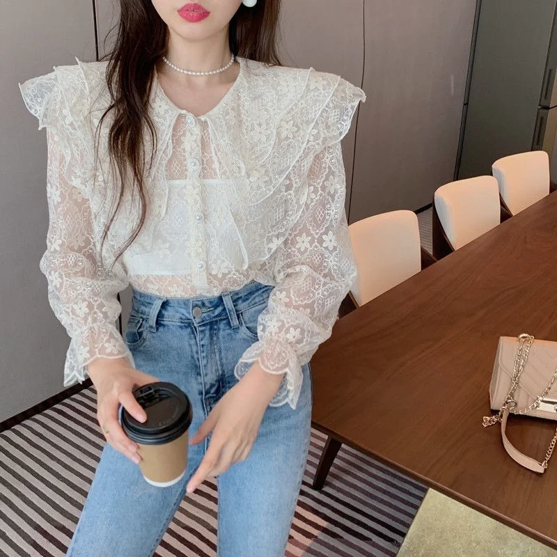 Shirts Women Sheer Thin Summer Sweet Ladies Fashion Lovely Simple Blusas Hot Sale Preppy Style Peter Pan Collar Ulzzang Holiday