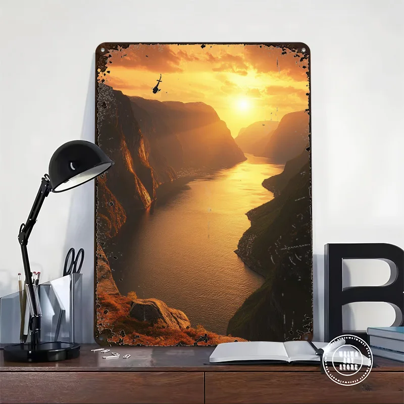 ملحقات شريط ملصق معدني للمناظر الطبيعية من Sunset Fjord لديكور المنزل، علامات قصدير معدنية قابلة للتخصيص لتزيين جدران الفن القديم