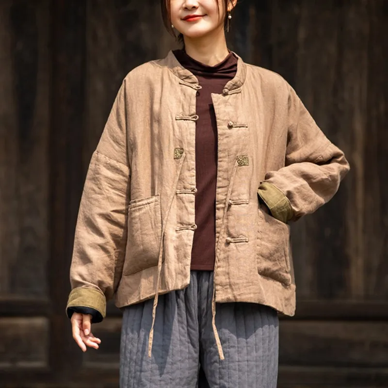 

Wenaiyi женская повседневная стеганая куртка в китайском стиле, новинка 2024, осенняя винтажная свободная женская толстая хлопковая льняная куртка с воротником-стойкой T174