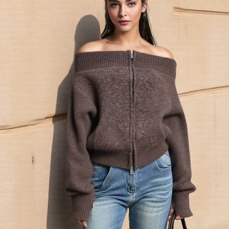 

Повседневный вязаный кардиган на молнии, новый осенний женский сексуальный свитер с разрезом на шее и длинными рукавами, куртка Y2k, однотонный трикотаж, топ