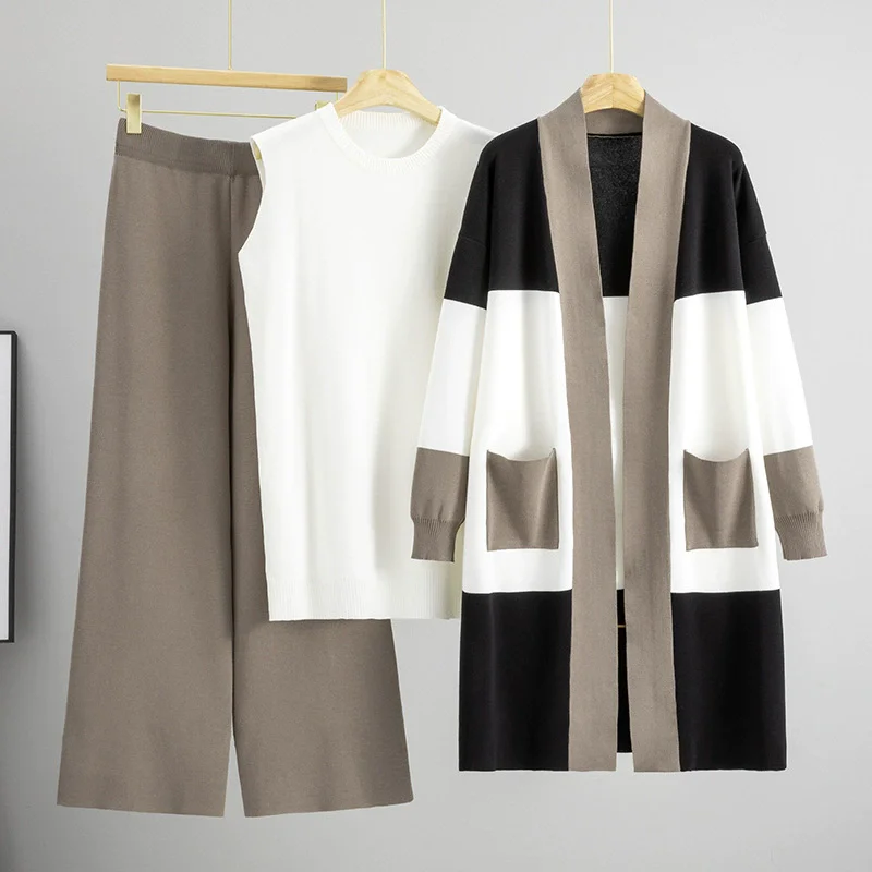 الكورية تصميم محبوك 3 قطعة مجموعات النساء سترة بيضاء + منتصف طول سويتر مقلم سترة Conjuntos عالية الخصر السراويل فضفاضة الزي #5