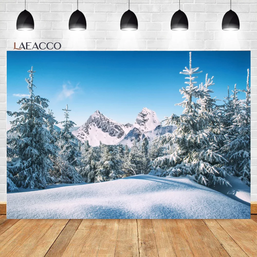 Laeacco Winter Snow Mountain Forest Christmas Tree Nordic Scenery Backdrop Photographic Photo Background For Photo Studio