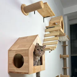 Cat Wall Mounted Solid Wooden Furniture Climbing Ladder and Cat Hammock with Scratching Post for Activity Indoor Cats Perches