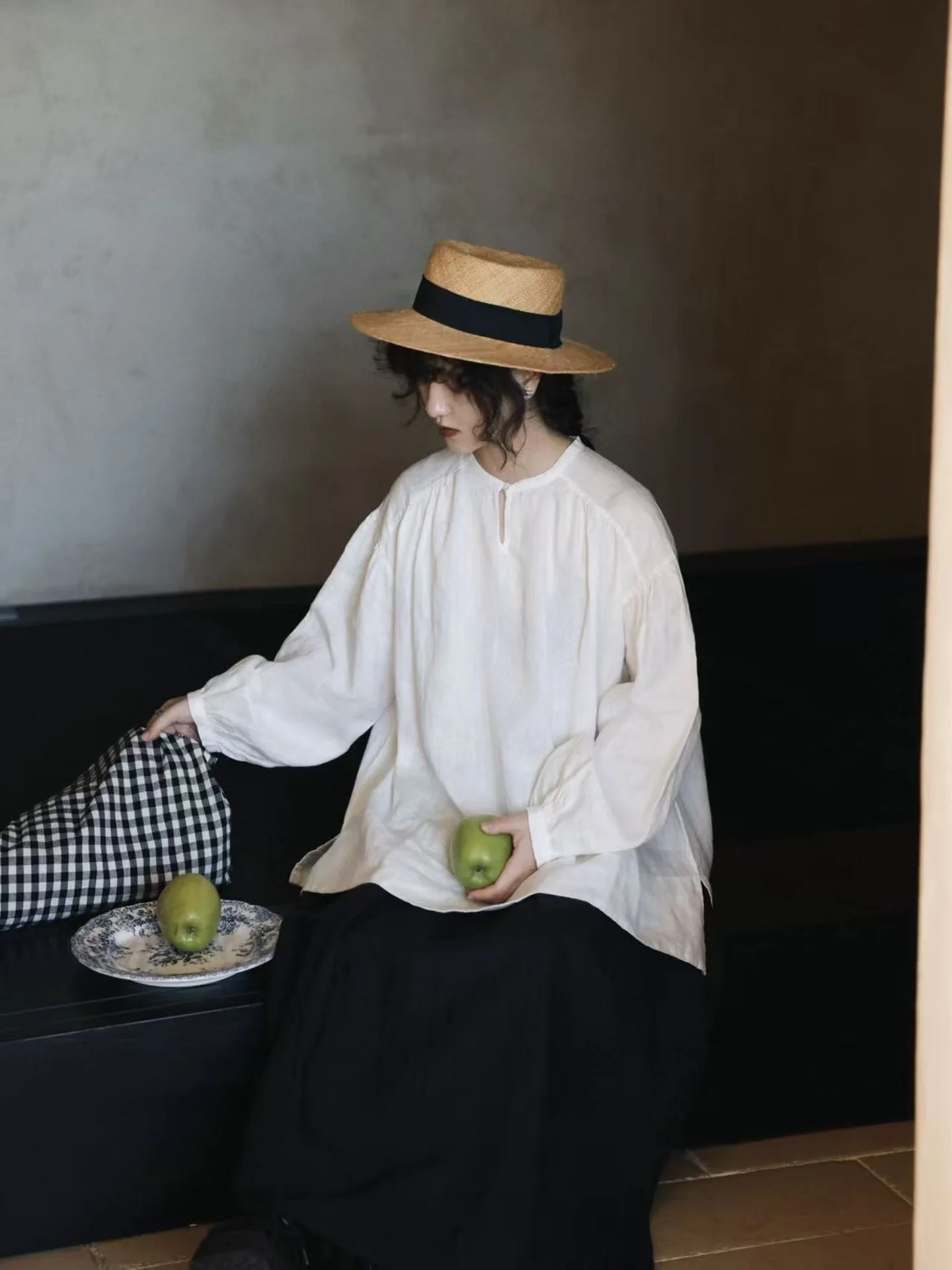 Cute Style Loose Fit Linen Shirt Puffy Sleeve Gathered Sweet Japanese Doll Top Artistic Retro Women's Long Sleeve round Neck ...