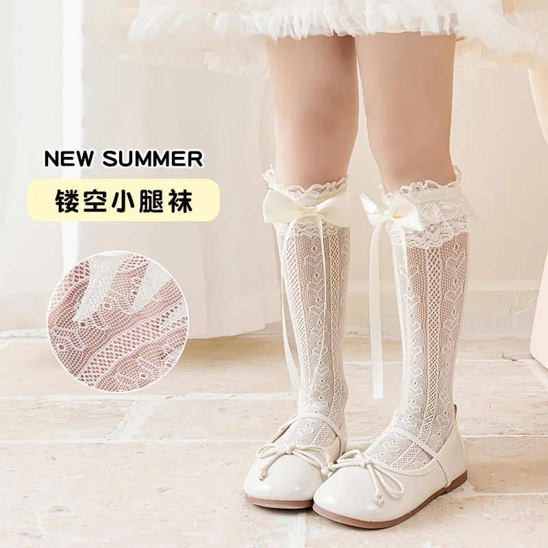 baby Summer thin section lolita sock bowknot bud silk stockings girl long socks lace princess calf socks kids knee high stocking