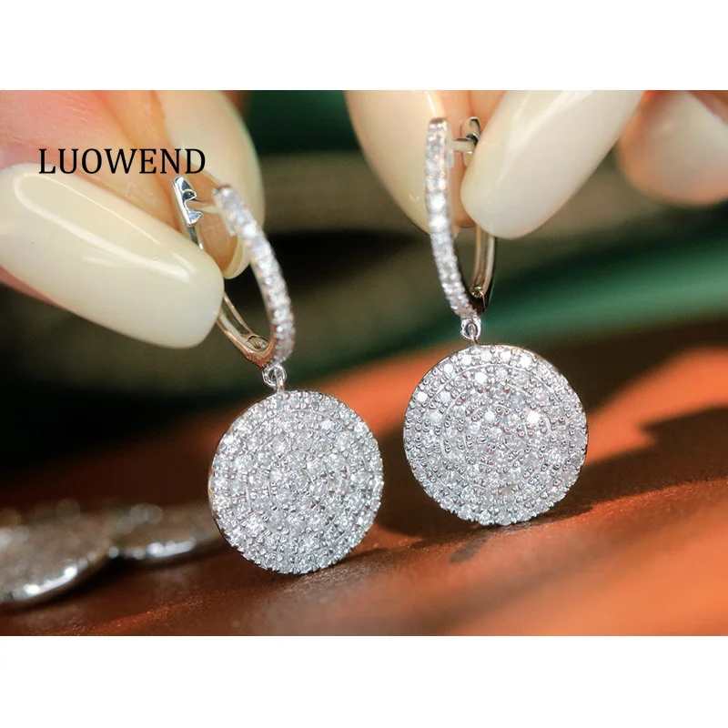 LUOWEND 100% 18K White Gold Earrings 1.0carat Real Natural Diamond Hoop Earrings Shiny Round Shape High Party Jewelry for Women